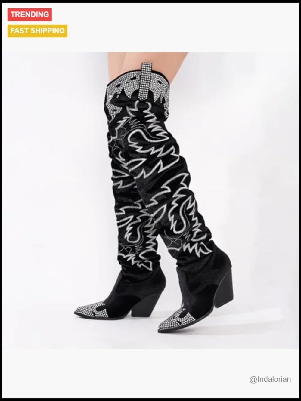 Rhinestone Embroidered Cowboy Boots Thigh High Slouchy Wide Calf Over the Knee